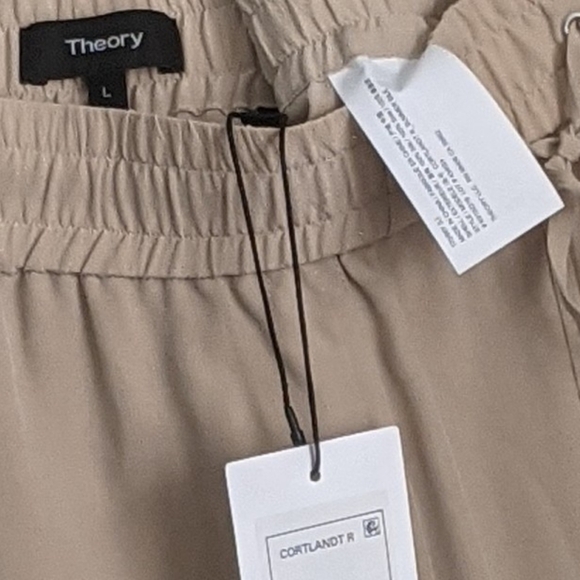 Theory Pants 100% Silk High Waist Drawstring Pull On Pockets Light Tan L NWT - Picture 13 of 13
